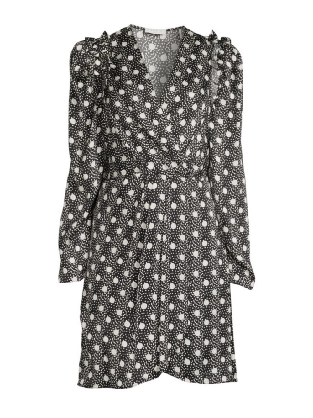 Sandro Paris Dress Womens Size 36 Midi Wrap V Neck Polka Dot Black Ruffles